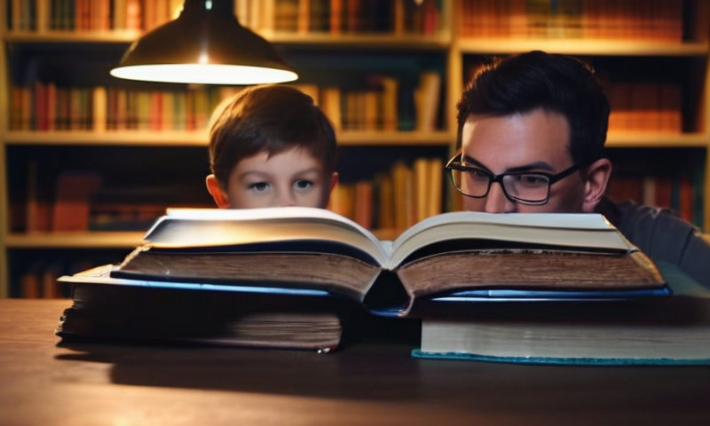 404 error page a dad and son in the library searching